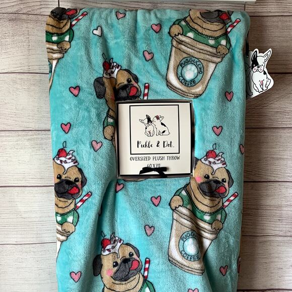Pickle & Dot Mint Green Pug Dog Throw Blanket Cappuccino Coffee Cup Plush 60x70" - Picture 10 of 16
